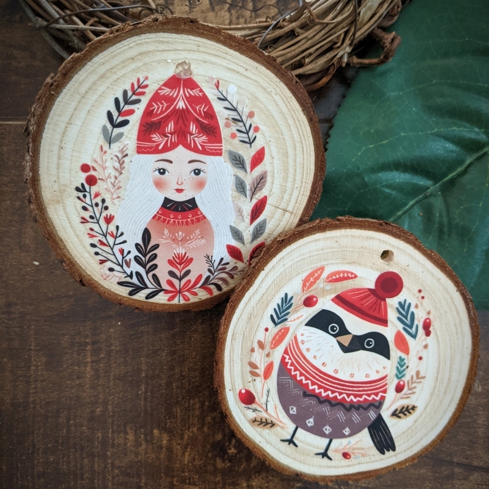 Folk holiday ornaments (3) - handmade wood slice decoration Christmas/Yule
